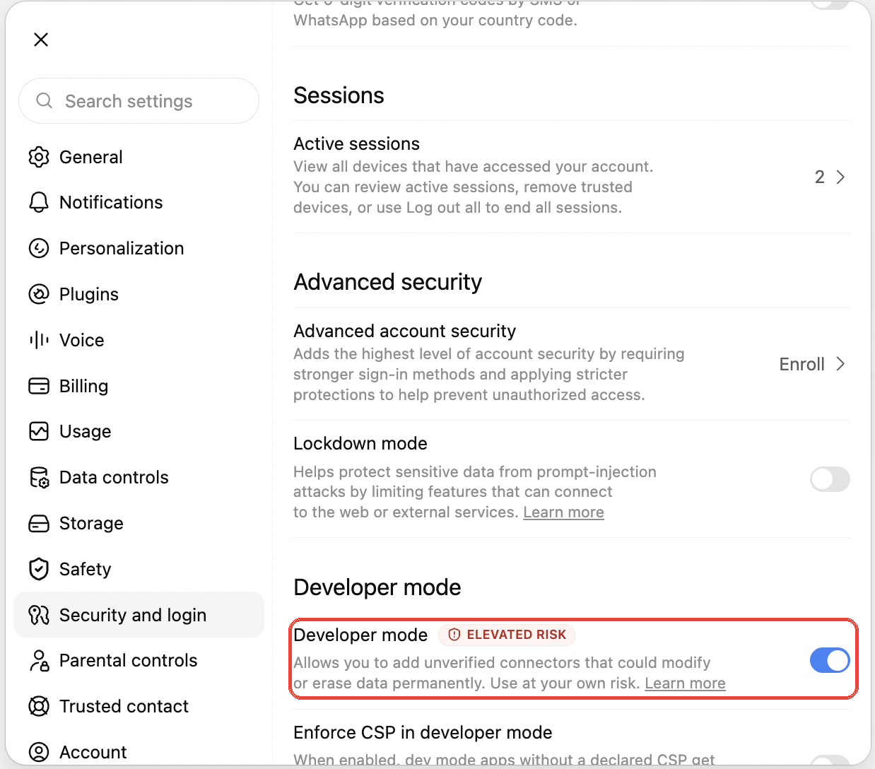 ChatGPT Security and login settings with Developer mode highlighted.