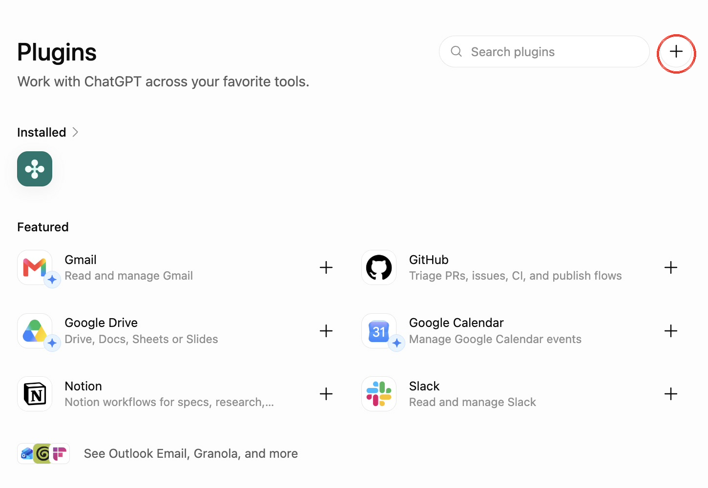 ChatGPT Plugins page with the plus button highlighted.