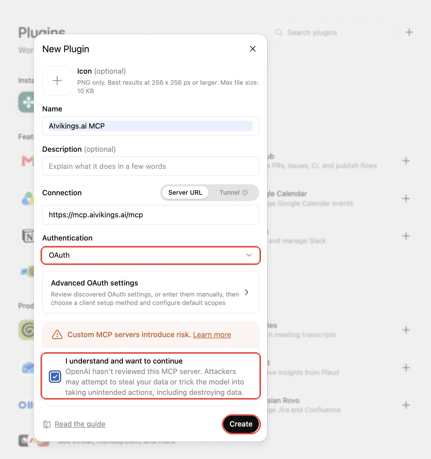 ChatGPT New Plugin dialog with OAuth authentication and Create highlighted.